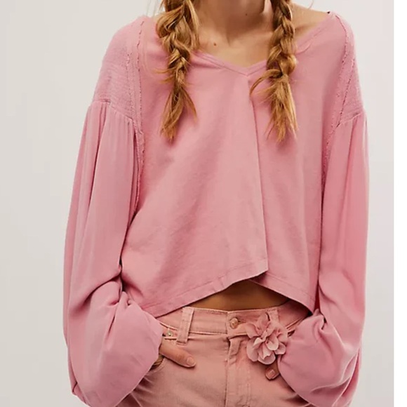 Free People Tops - FREE PEOPLE KATHY LONG SLEEVE SMOCKED TOP MEDIUM PINK ROSE